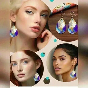 Blue and gold  printed tear drop pendant earrings